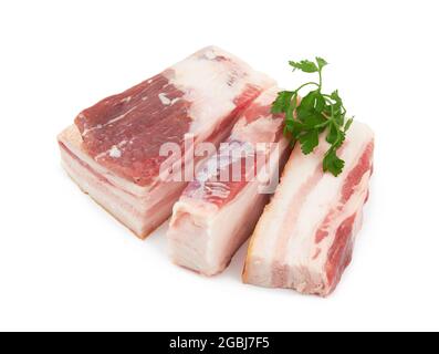 Raw pork belly with streaks of fat isolated on a white background Stock Photo