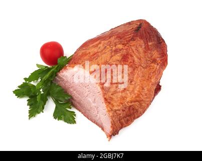 A cut piece of smoked pork isolated on white background Stock Photo