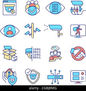 Surveillance systems RGB color icons set Stock Vector