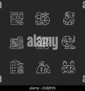 Gambling game types chalk white icons set on dark background Stock Vector