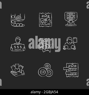 Lottery games types chalk white icons set on dark background Stock Vector