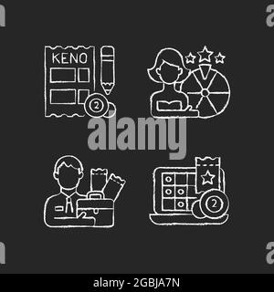 Lottery-like gambling games chalk white icons set on dark background Stock Vector
