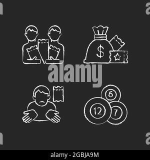 Taking part in lottery chalk white icons set on dark background Stock Vector