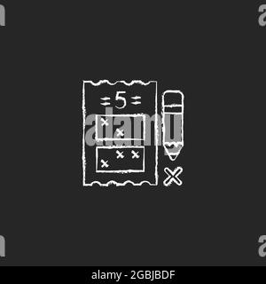 Five digit lottery game chalk white icon on dark background. Choosing five numbers for combination. Fixed prize structure. Picking random numbers. Iso Stock Vector