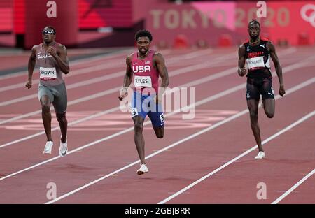 August 4, 2021: Noah Lyles wins the bronze at 200 meter for men at the Tokyo Olympics, Tokyo Olympic stadium, Tokyo, Japan}. Kim Price/CSM Stock Photo