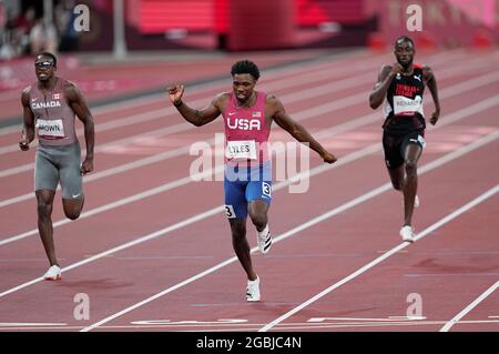 August 4, 2021: Noah Lyles wins the bronze at 200 meter for men at the Tokyo Olympics, Tokyo Olympic stadium, Tokyo, Japan}. Kim Price/CSM Stock Photo