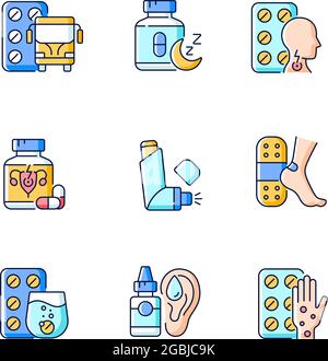 Pharmaceutical drugs RGB color icons set Stock Vector