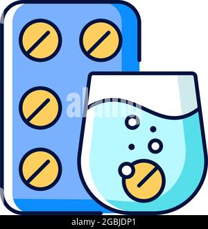 Effervescent tablet for cold relief RGB color icon. Cough-and-cold medication. Dissolve in liquid. Relieve symptoms. Release carbon dioxide. Isolated Stock Vector