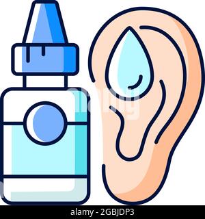 Ear drops RGB color icon. Earwax removing. Ear infections, inflammations prevention. Acute otitis media treatment. Reducing discomfort, pain. Isolated Stock Vector