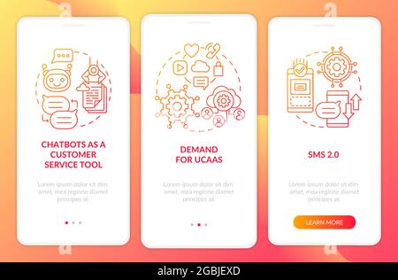 Messaging software trend red onboarding mobile app page screen. Customer service tool walkthrough 3 step graphic instructions with concepts. UI, UX, G Stock Vector
