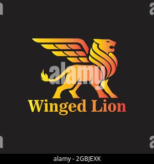 winged lion flat black with black background logo exclusive design inspiration Stock Vector