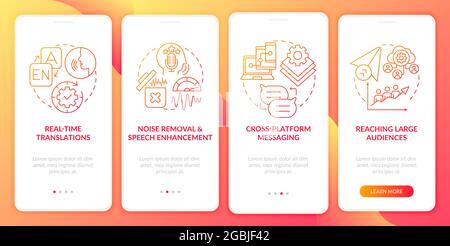 IM advanced feature red onboarding mobile app page screen. Cross platform messaging walkthrough 4 steps graphic instructions with concepts. UI, UX, GU Stock Vector