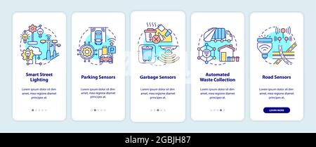 Smart city infrastructure onboarding mobile app page screen. Automatic systems walkthrough 5 steps graphic instructions with concepts. UI, UX, GUI vec Stock Vector