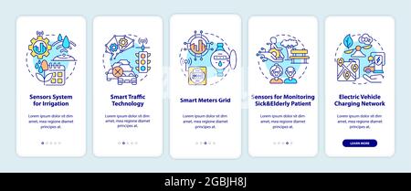 Smart city projects onboarding mobile app page screen. Various technologies walkthrough 5 steps graphic instructions with concepts. UI, UX, GUI vector Stock Vector