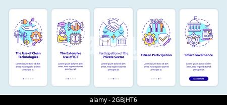 Instruments of Smart city onboarding mobile app page screen. Urban management walkthrough 5 steps graphic instructions with concepts. UI, UX, GUI vect Stock Vector