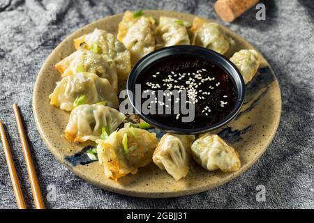 Homemade Pan Fried Chicken Wontons with Dipping Sauce Stock Photo