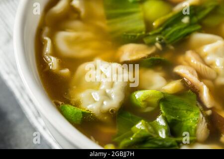 Homemade Asian Chicken Wonton Soup with Bok Choy Stock Photo