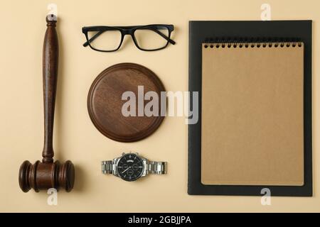 Law concept with judge gavel on beige background Stock Photo