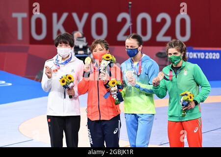 Yukako Kawai of Japan poses with her gold medal in the women's