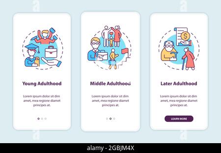 Stages of adulthood onboarding mobile app page screen Stock Vector ...