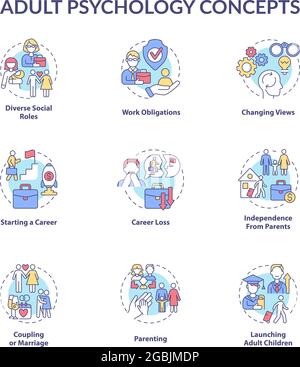 Adult psychology concept icons set. Independence from parents. Parenting. Career loss. Maturity problem idea thin line color illustrations. Vector iso Stock Vector