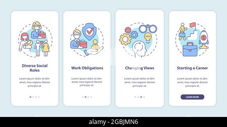 Social roles onboarding mobile app page screen. Work obligations. Starting a career walkthrough 4 steps graphic instructions with concepts. UI, UX, GU Stock Vector