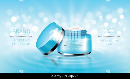 Vector cosmetic banner with 3d realistic blue open jar for skin care cream, ready mockup for promotion brand. Beauty product concept illustration with wavy water surface and bokeh for glossy magazine Stock Vector