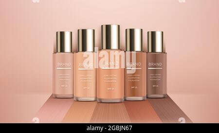 Cosmetic realistic vector ads banner with premium foundation for perfect makeup, decorative cosmetics. Colorstay foundation of various shades on background of tone smear texture, for magazine, catalog Stock Vector