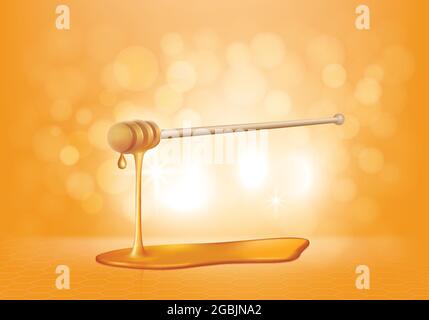 Vector realistic illustration of honey drip and wooden dipper with golden drop on a yellow background with honeycomb texture, flashes of light and bokeh effect Stock Vector