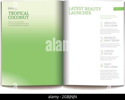 Vector empty template design for glossy cosmetic magazine. Magazine or catalog spread, blank page for new skin care complex Stock Vector