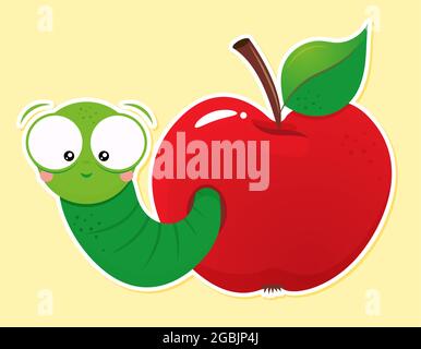 Cute green worm in red apple. Back to school character smart catterpillar animal illustration. Good for clothes, gift sets, photos or motivation poste Stock Vector