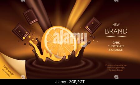 Chocolate and orange slice falling into liquid crown splash realistic vector illustration. Mock up wrapper or ad banner for organic chocolate with high cocoa content and orange nougat Stock Vector