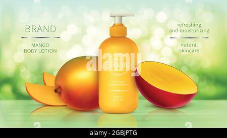 Tropical mango cosmetics realistic vector. Bottle with cosmetic skin care product, whole and sliced yellow mango fruit on green blurred shine background with sunlight. Mock up promo banner Stock Vector