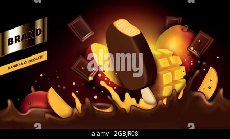 Chocolate popsicle, bar pieces and mango slice falling into liquid crown splash realistic vector illustration. Mock up wrapper or ad banner for chocolate fruit flavor icecream Stock Vector