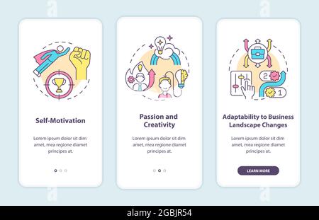 Startup launch requirements onboarding mobile app page screen. Business walkthrough 3 steps graphic instructions with concepts. UI, UX, GUI vector tem Stock Vector