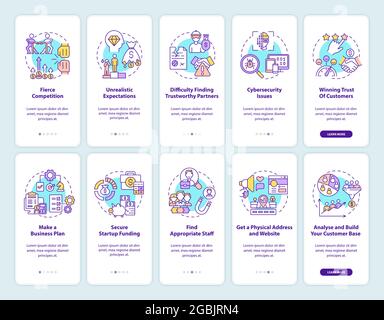 Startup launch onboarding mobile app page screen set. Starting business walkthrough 5 steps graphic instructions with concepts. UI, UX, GUI vector tem Stock Vector