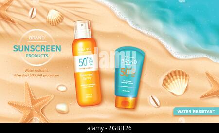 Sunscreen cosmetics on ocean background with sandy beach, shell and starfish, turquoise sea surf or water wave, realistic vector. Cosmetic spray with SPF protection on tropical background Stock Vector