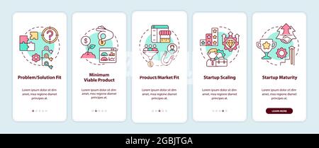 Startup lifecycle phases onboarding mobile app page screen. Business launch walkthrough 5 steps graphic instructions with concepts. UI, UX, GUI vector Stock Vector