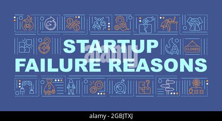 Startup problems word concepts banner. Business challenges. Infographics with linear icons on blue background. Isolated creative typography. Vector ou Stock Vector