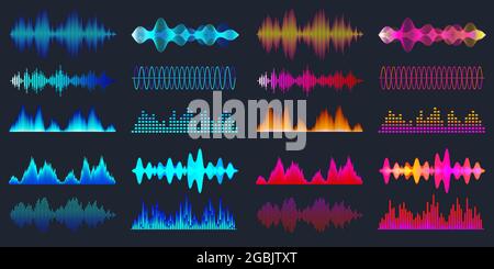 Blue and red colorful sound waves collection. Analog and digital audio signal. Music equalizer. Interference voice recording. High frequency radio Stock Vector