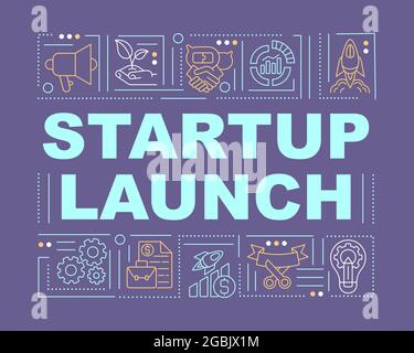 Startup word concepts banner. Starting business. Launching company. Infographics with linear icons on purple background. Isolated creative typography. Stock Vector