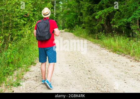 Back view of male traveler exploring summer forest in vacation. Young man wearing hat walking outdoor,enjoying wonderful nature view in evening.Back v Stock Photo
