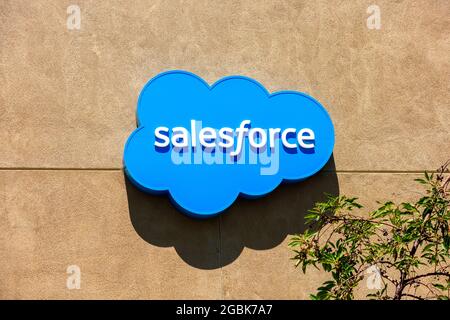 Salesforce cloud logo, sign at software company headquarters building. - San Francisco, California, USA - 2021 Stock Photo