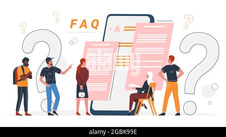 Faq concept, online customer support vector illustration. Cartoon people ask questions and receive answers from faq manual, standing near giant mobile phone and question mark isolated on white Stock Vector