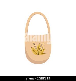 Beige shopper bag with a floral print. Vector object isolated. Flat illustration Stock Vector
