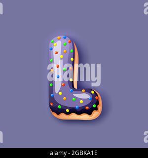 Donut icing dark blue upper latters - L Font of donuts. Bakery sweet alphabet. Donut alphabet latter L isolated on dark blue background, vector Stock Vector