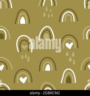 Bohemian hand drawn seamless pattern with rainbow and rain. Retro baby abstract naive background in boho style Stock Vector