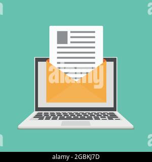 Laptop with new email envelope. Computer and document on screen. Flat style vector illustration. Stock Vector