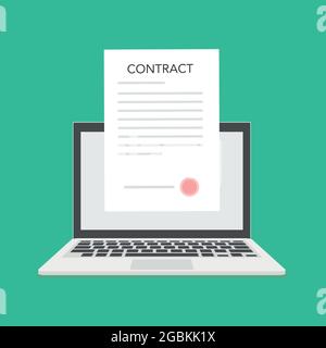 Online electronic smart contract document on laptop, paper document, signature on computer screen. vector illustration. Stock Vector