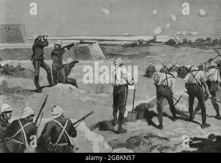 Conquest of Egypt by the British troops, 1882. British positions at Ramleh line, in front of those held by the Egyptians in the Mahmudieh Canal. Engraving by Rico. La Ilustración Española y Americana, 1882. Stock Photo
